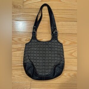 Vintage Coach Soho Black Leather and Canvas Monogram Logo Shoulder Bag